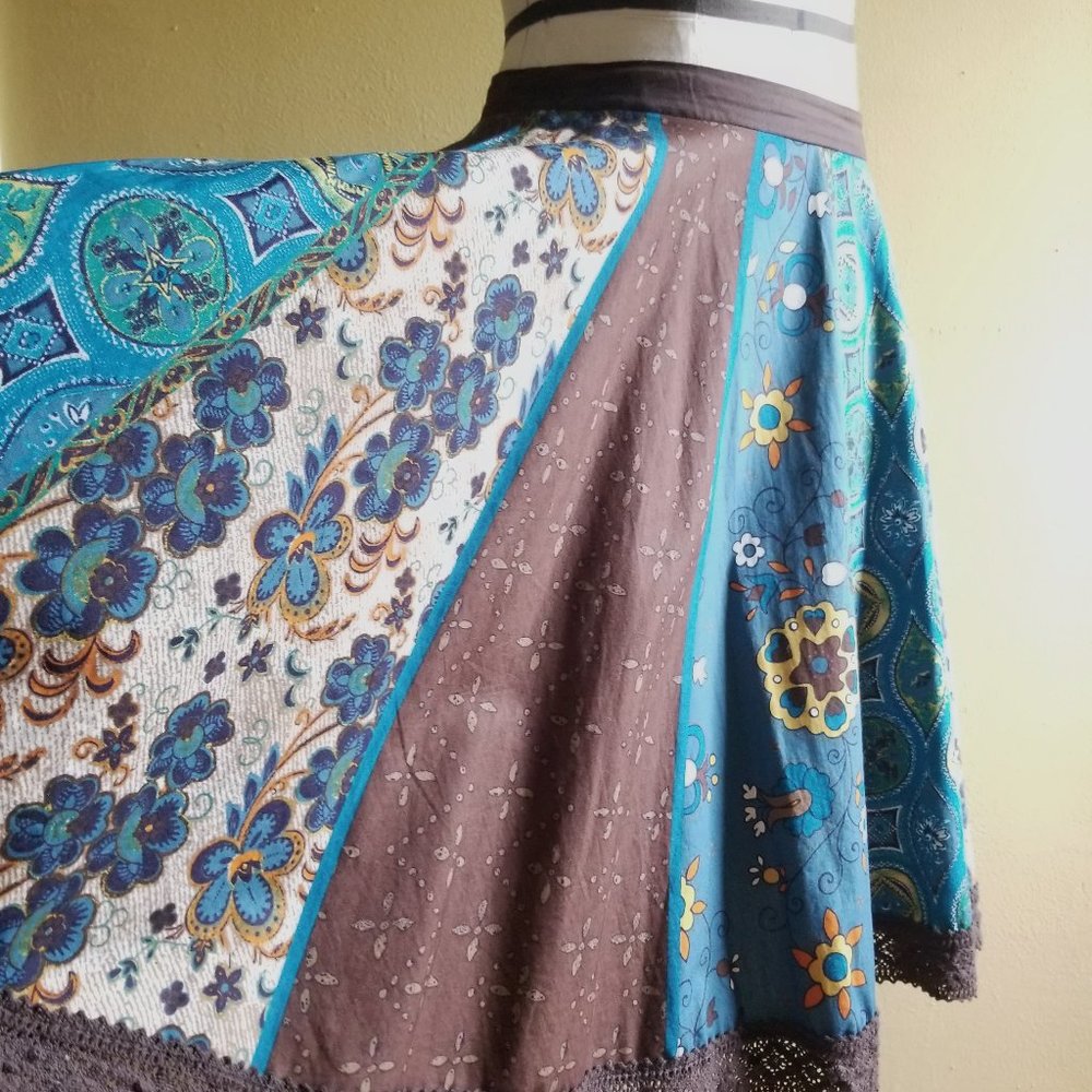 Brown, Teal, printed circle skirt Medium